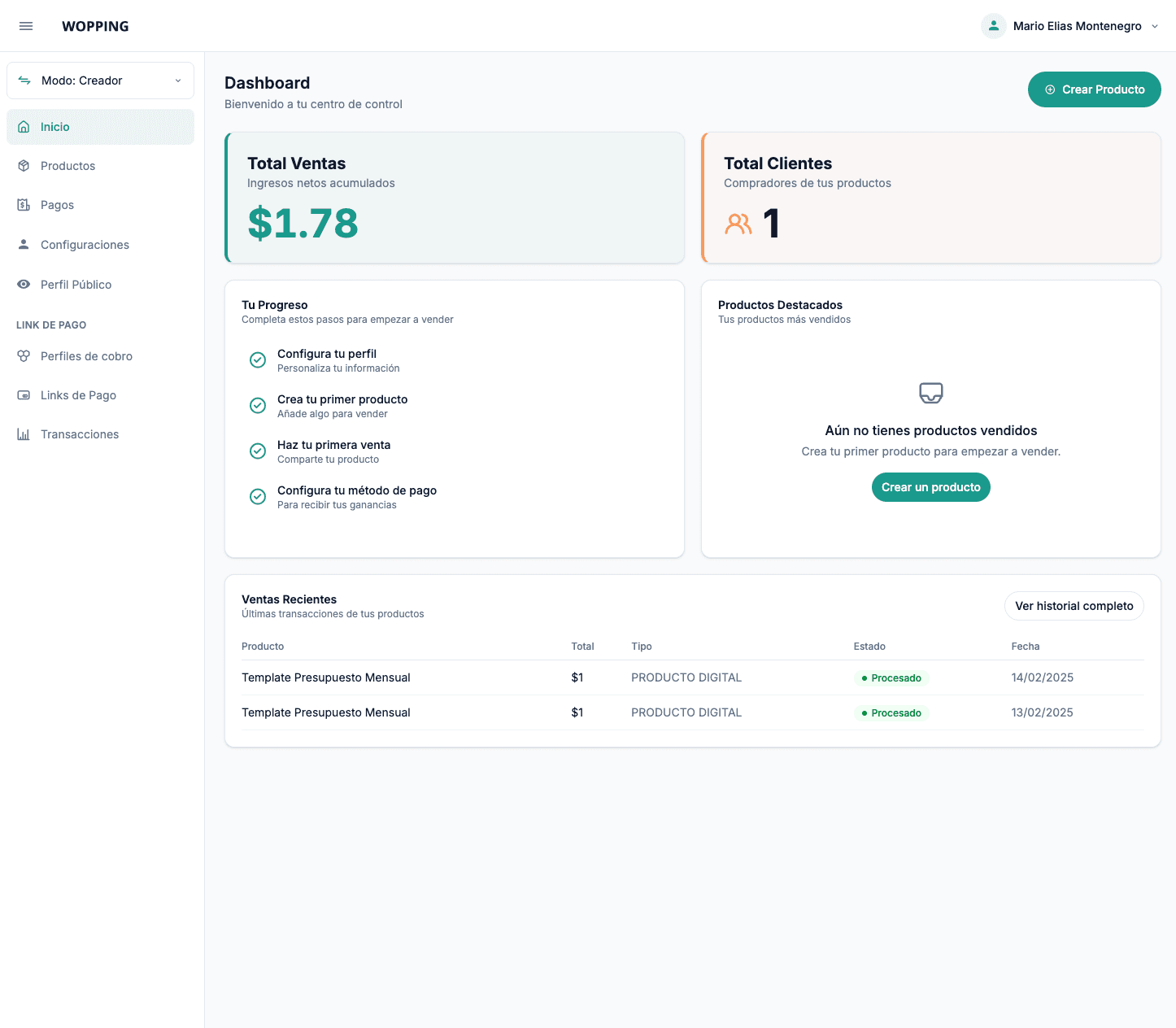 Dashboard de Wopping mostrado en una ventana de escritorio